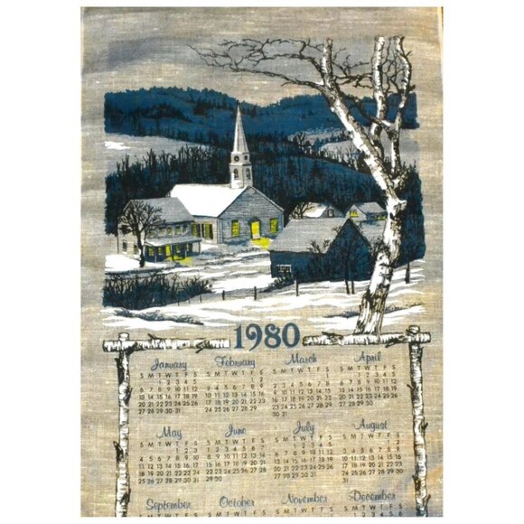 Calendar Towel 1980 Vintage Rural Scene Night Winter Church Kitchen Decor - Picture 1 of 5